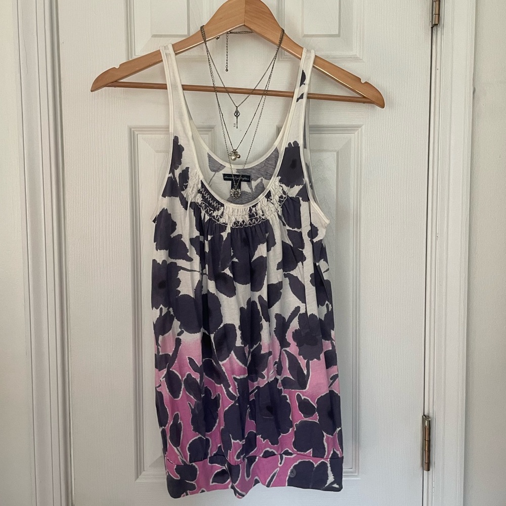 Y2K AEO White & Purple Floral Pucker Tank Top